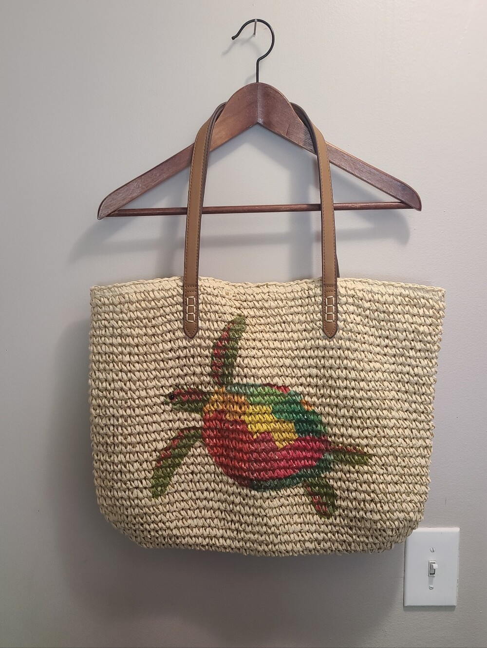 INC International Concepts Straw Tropical Beach Tote with Colorful Turtle Accent